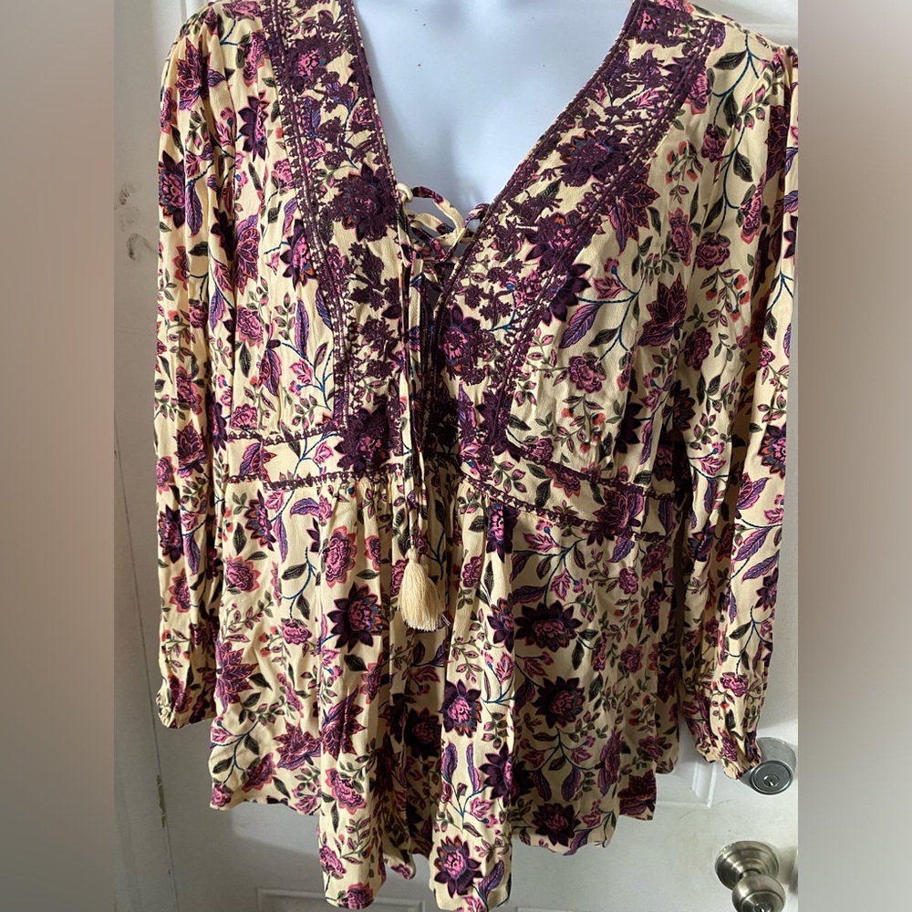 Babydoll Rayon Crepe Embroidered Lace-Up Top